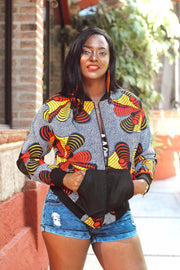 RISI African Print Womens' Bomber Jacket (Blue Yellow Red Pattern) - TalkingBody