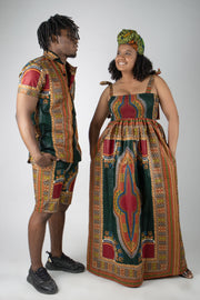 Idunu Maxi Shirred Dress (Green Dashiki)