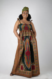 Idunu Maxi Shirred Dress (Green Dashiki)