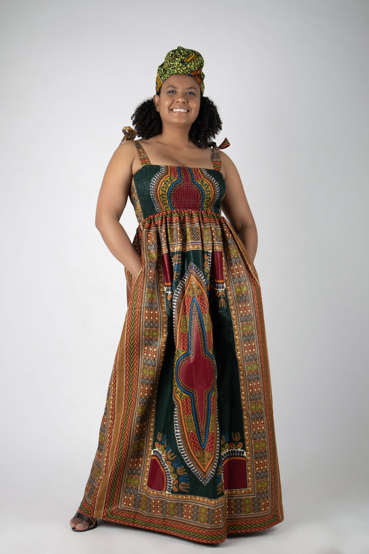 Idunu Maxi Shirred Dress (Green Dashiki)
