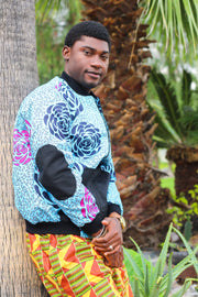 TAYO African Print Men's Bomber Jacket (Pink and Blue Pattern) - TalkingBody