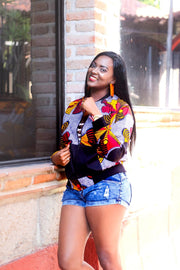 RISI African Print Womens' Bomber Jacket (Blue Yellow Red Pattern) - TalkingBody